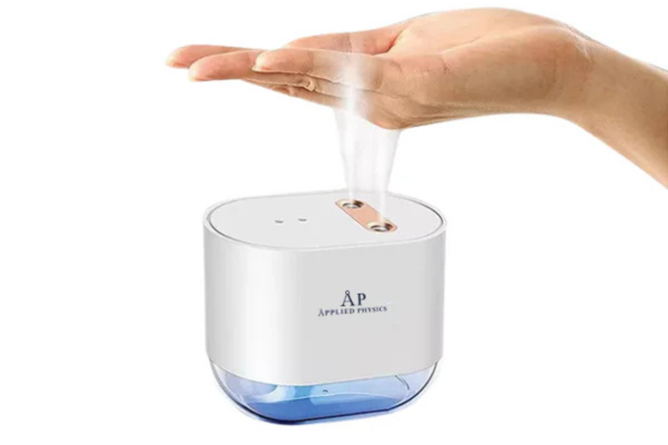 Hand sanitizer dispenser releasing mist for easy and hygienic hand cleaning.