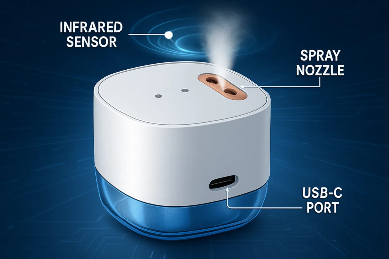 Smart sterilizer with infrared sensor, spray nozzle for mist, and USB-C charging port.