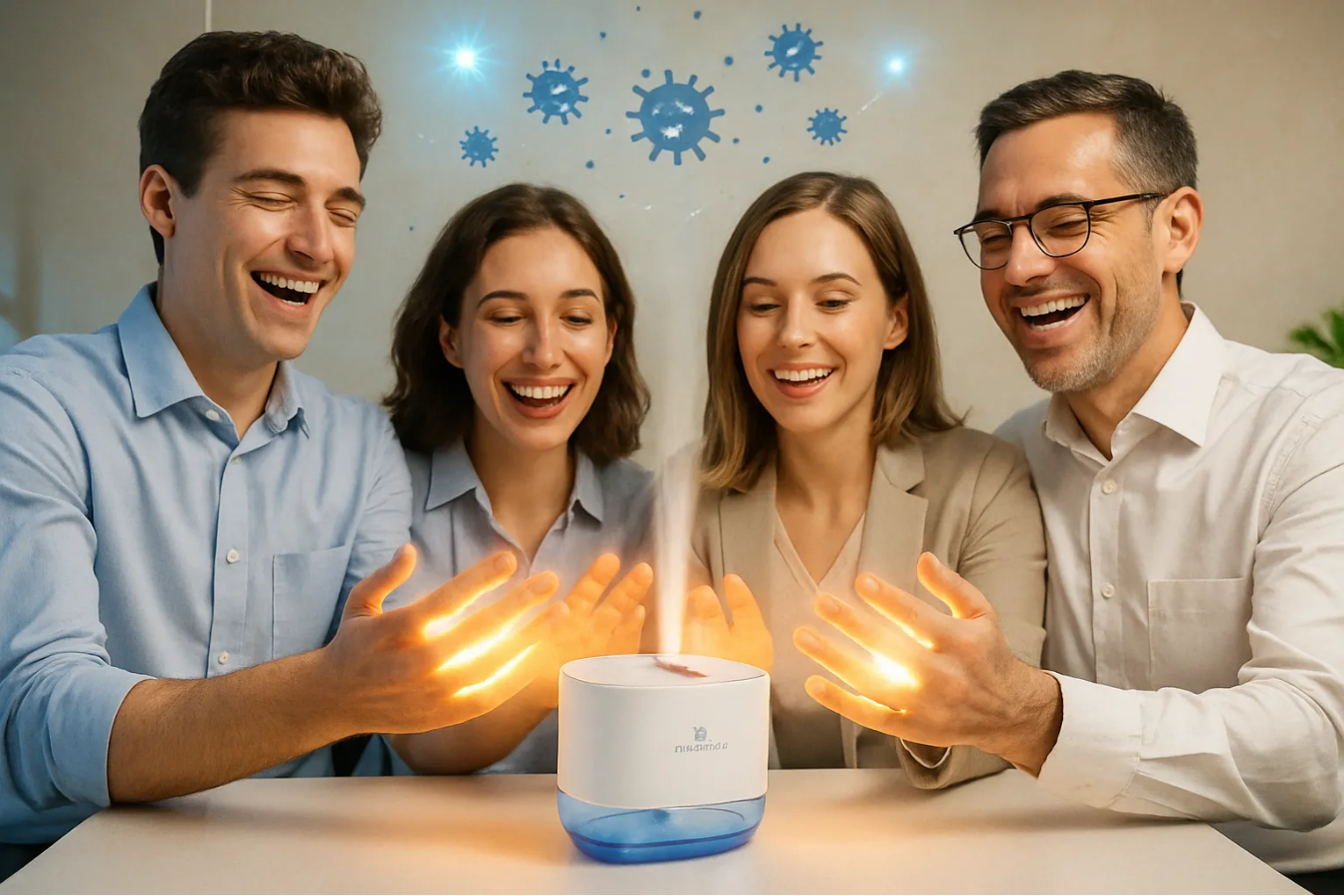 Happy group using sterilizer; glowing hands show hygiene, germs vanish.