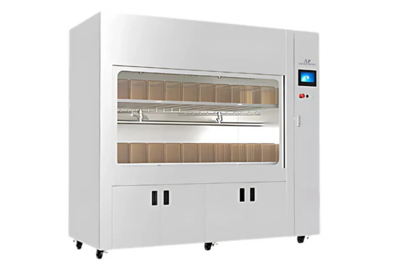 Automated storage and retrieval system with multiple shelves holding boxes, featuring a control panel with touchscreen on the right side