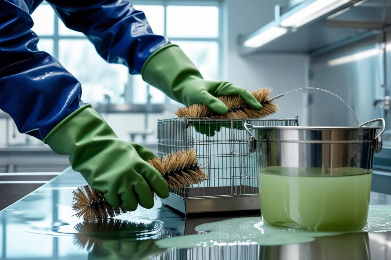 Person wearing green gloves cleaning wire cage with brushes and green liquid in a metal bucket on stainless steel table