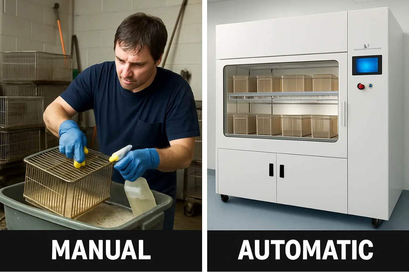 Manual cleaning involves human effort to scrub and wash items, while automatic cleaning uses machines for efficient, hands-free cleaning.