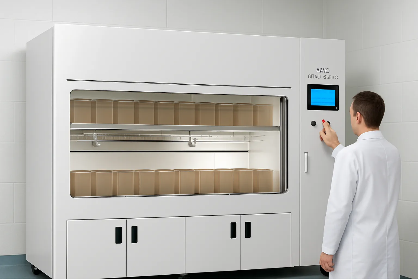 Lab tech operating large sterilizer machine used for sterilizing lab equipment and supplies.